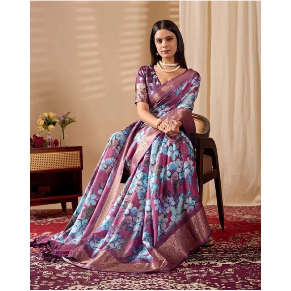 Generic Women's Faux_Silk Printed Saree With Unstitched Blouse 5.5Mtr (Blue)