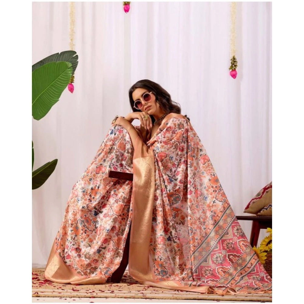 Generic Women's Faux_Silk Printed Saree With Unstitched Blouse 5.5Mtr (Peach)