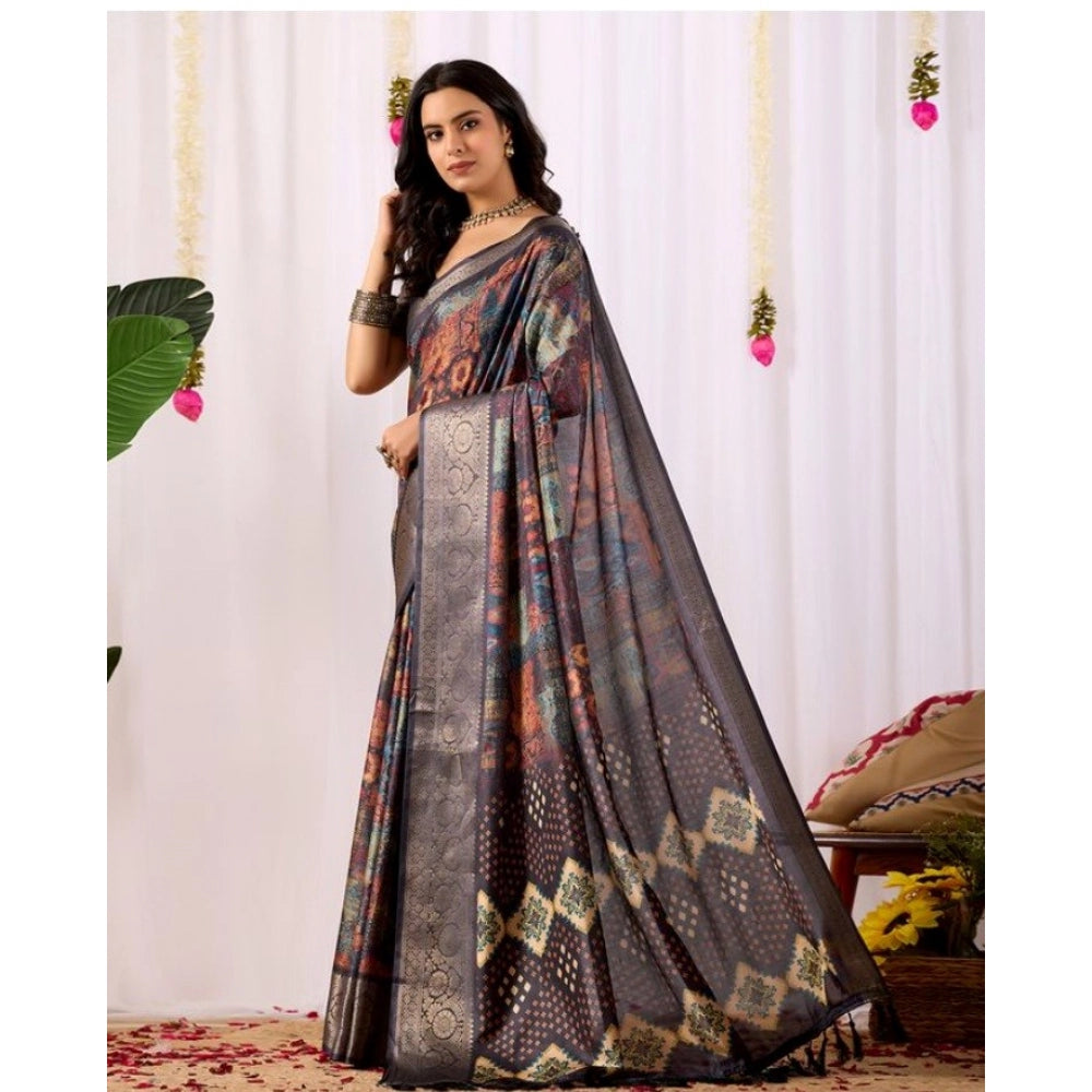Generic Women's Faux_Silk Printed Saree With Unstitched Blouse 5.5Mtr (Navy_Blue)
