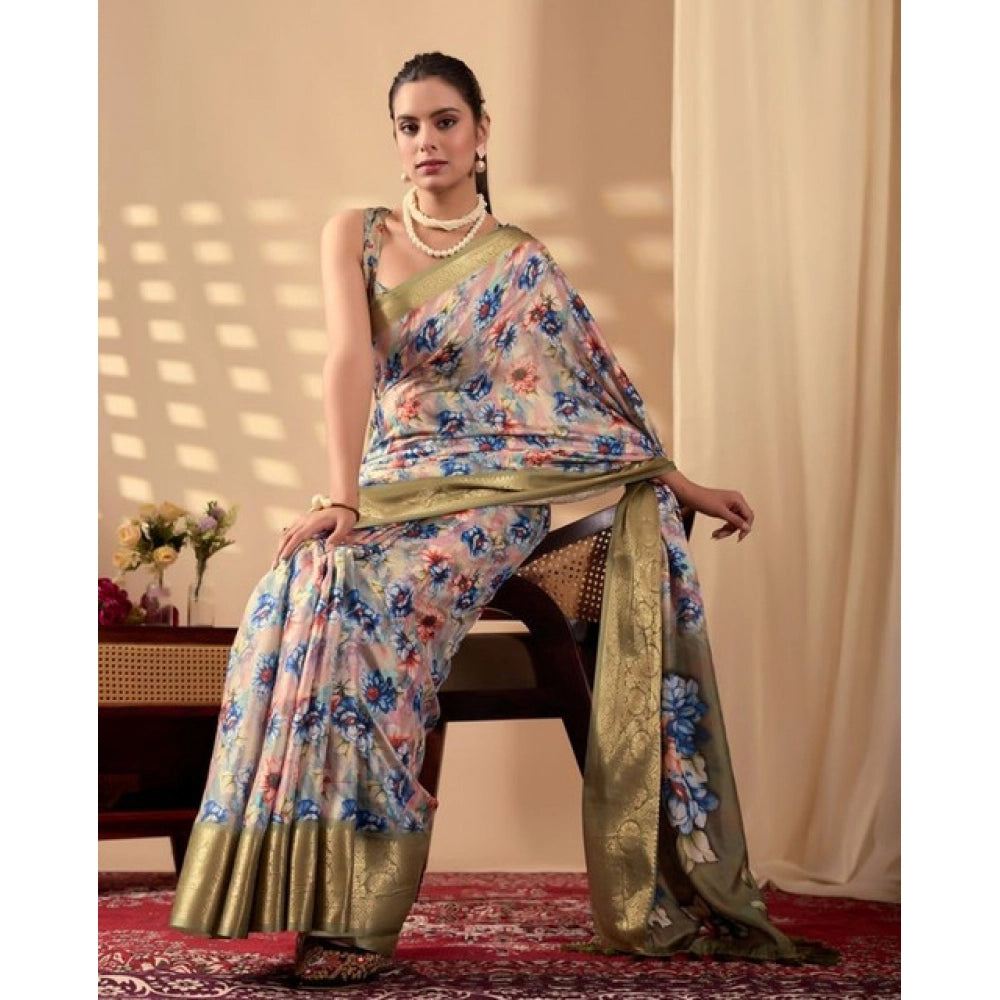 Generic Women's Silk_Blend Printed Saree With Unstitched Blouse 5.5Mtr (Olive)