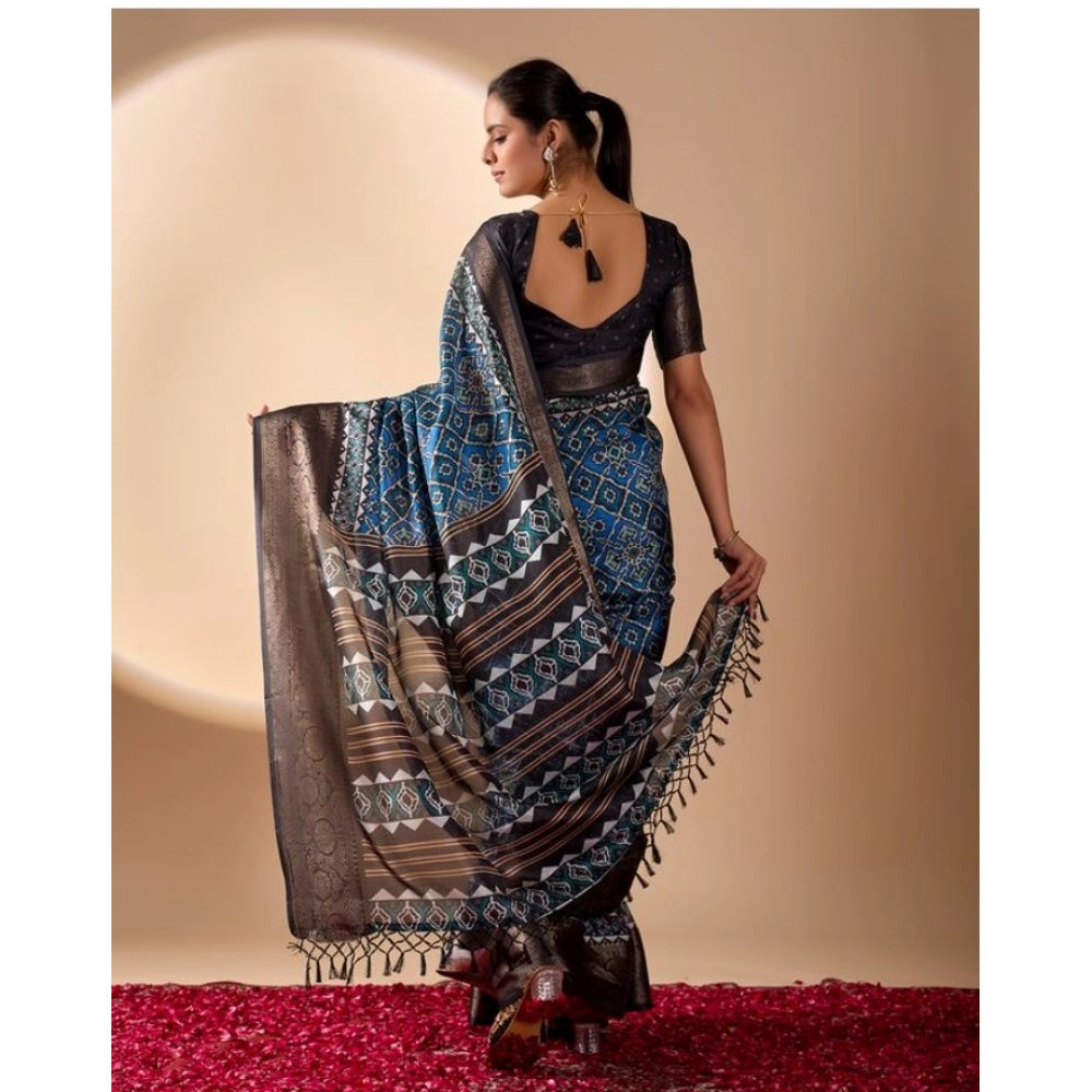 Generic Women's Faux_Art_Silk Printed Saree With Unstitched Blouse 5.5Mtr (Blue)