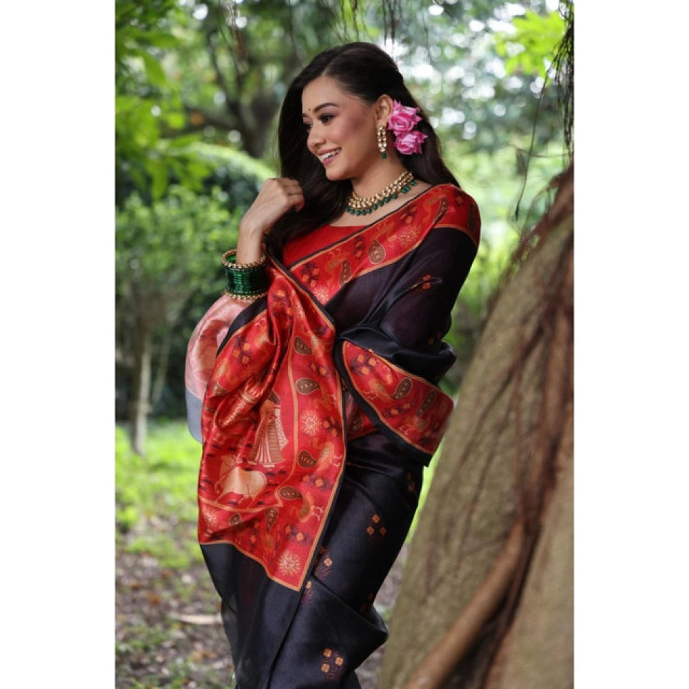 Generic Women's Faux_Tussar_Silk Printed Saree With Unstitched Blouse 5.5Mtr (Black)