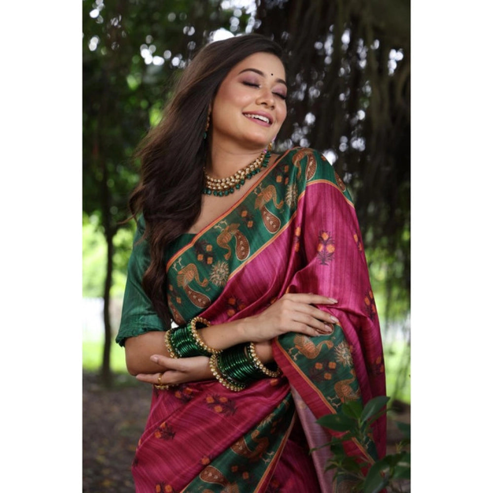 Generic Women's Faux_Tussar_Silk Printed Saree With Unstitched Blouse 5.5Mtr (Pink)