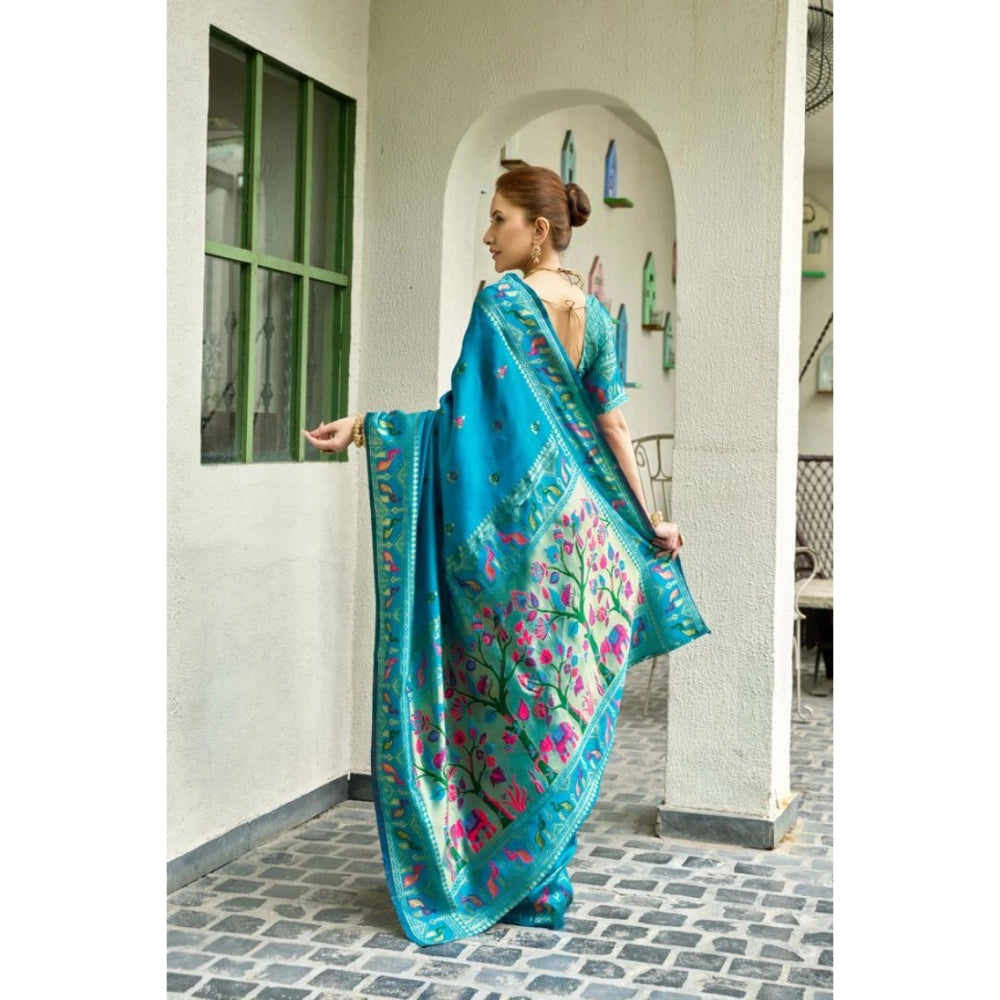 Generic Women's Silk Blend Woven Saree With Unstitched Blouse 5.5 Mtr (Turquoise)