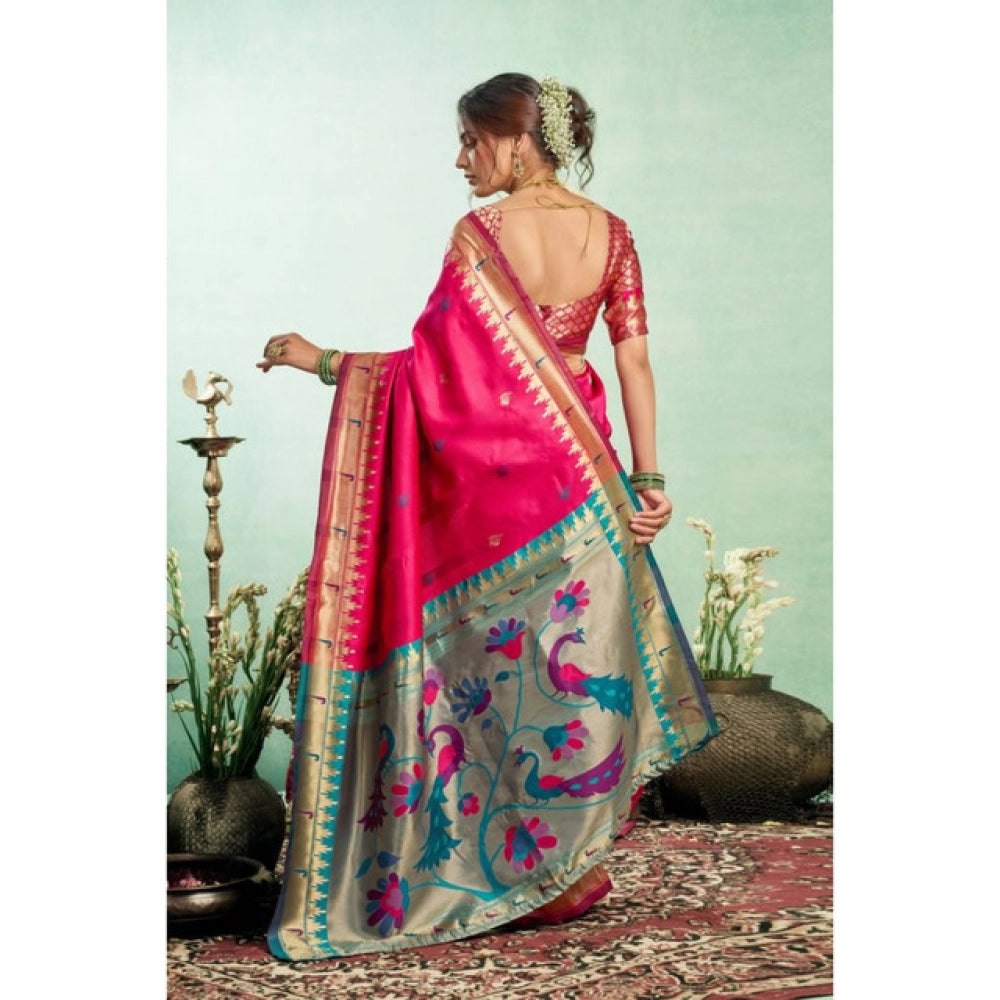 Generic Women's Silk Blend Woven Saree With Unstitched Blouse 5.5 Mtr (Pink)