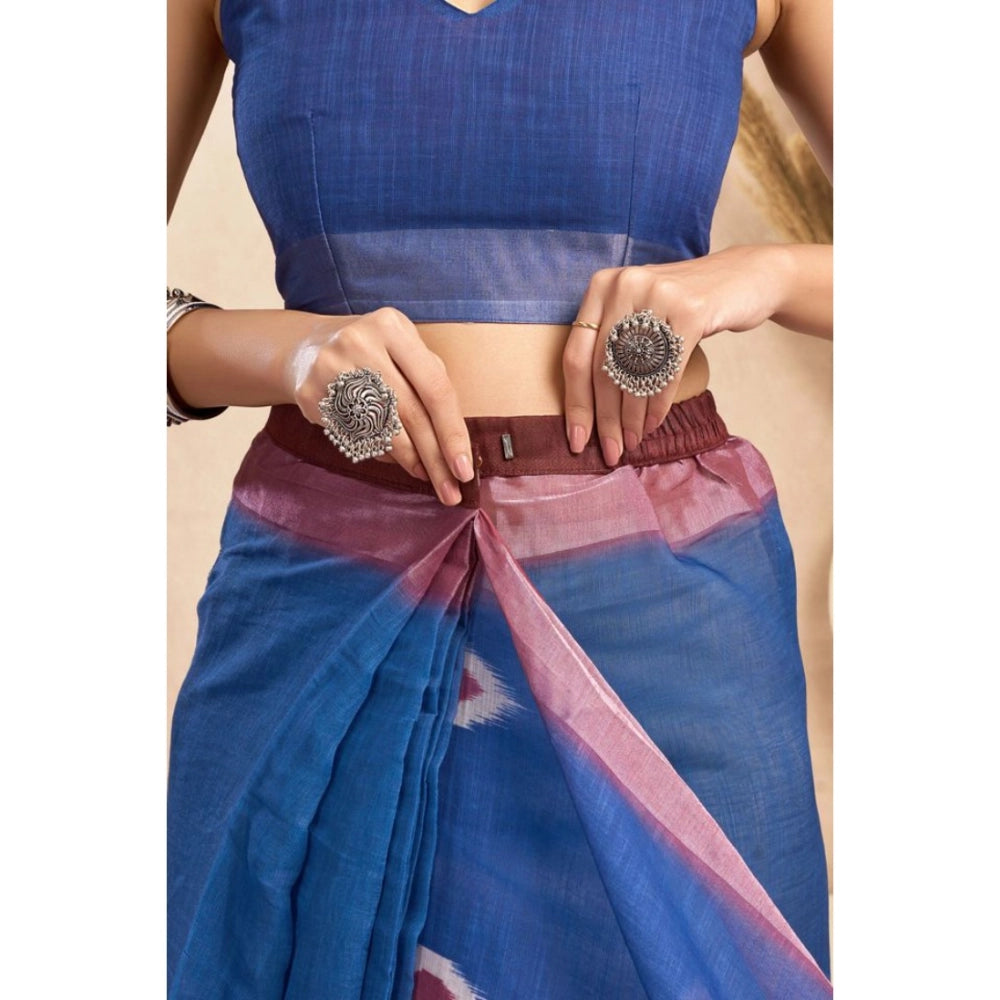 Generic Women's Linen Cotton Printed Ready To Wear Saree With Unstitched Blouse 5.5 Mtr (Blue)