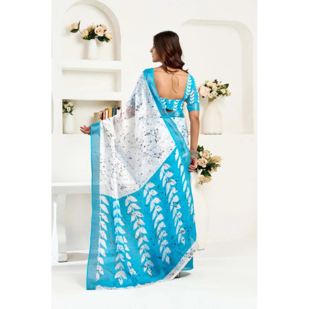 Generic Women's Linen Cotton Printed Ready To Wear Saree With Unstitched Blouse 5.5 Mtr (Sky_Blue)