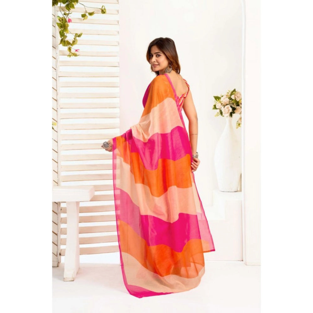 Generic Women's Linen Cotton Printed Ready To Wear Saree With Unstitched Blouse 5.5 Mtr (Multicolor)