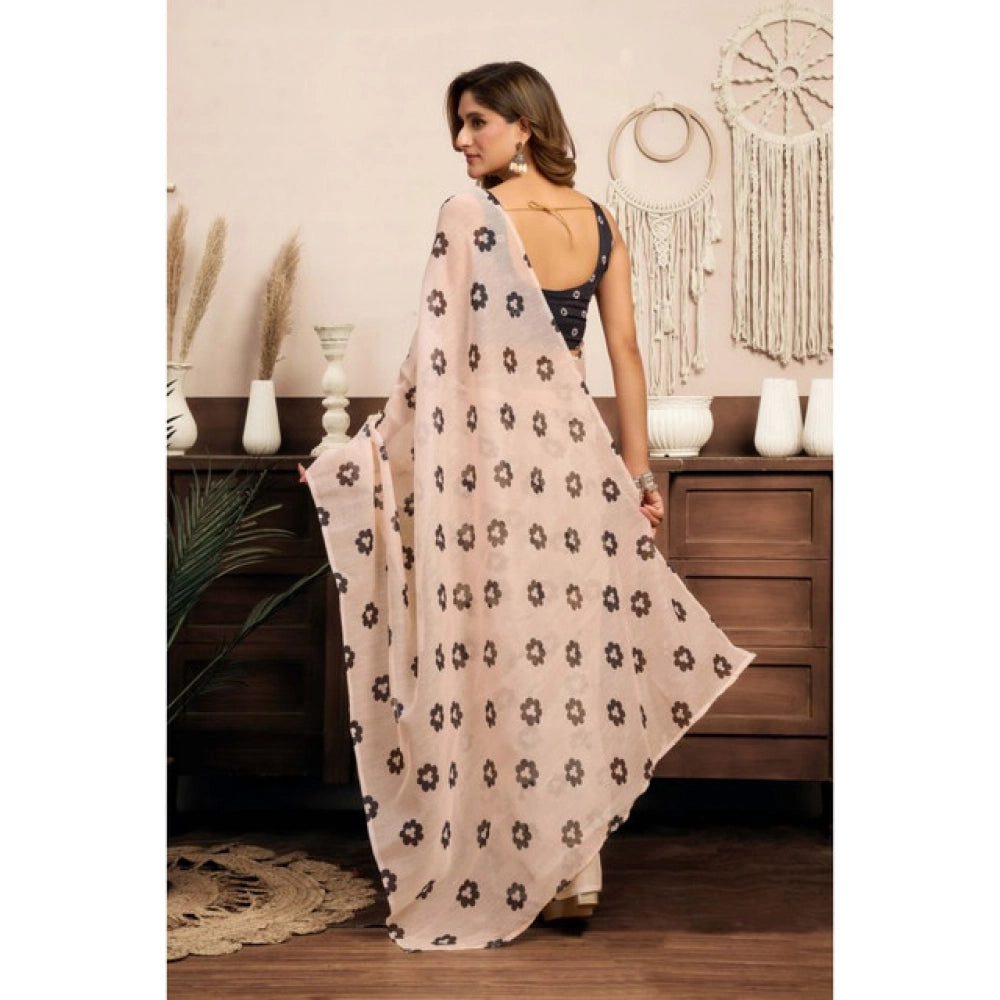 Generic Women's Linen Cotton Printed Ready To Wear Saree With Unstitched Blouse 5.5 Mtr (Light_Peach)