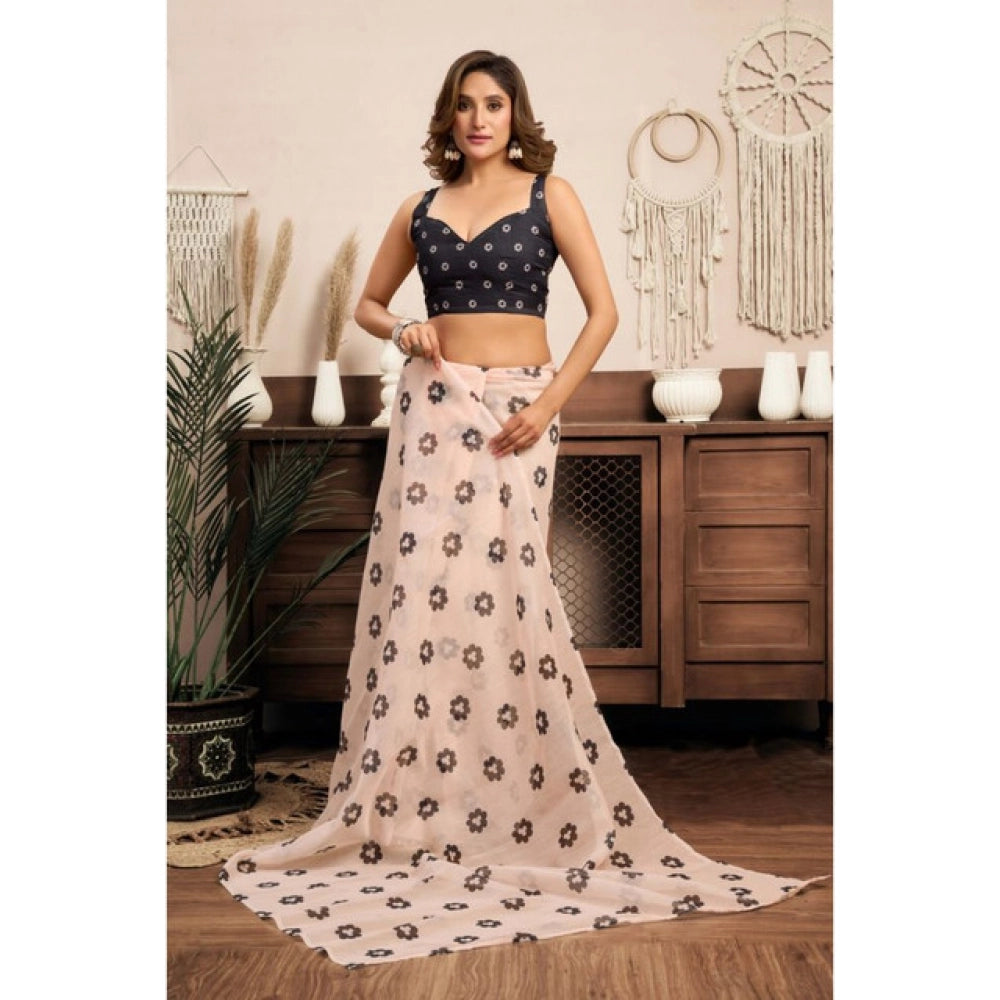 Generic Women's Linen Cotton Printed Ready To Wear Saree With Unstitched Blouse 5.5 Mtr (Light_Peach)