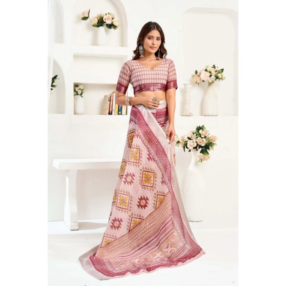 Generic Women's Linen Cotton Printed Ready To Wear Saree With Unstitched Blouse 5.5 Mtr (Maroon)