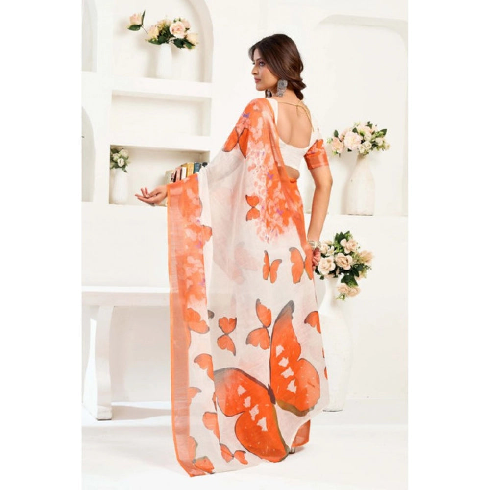 Generic Women's Linen Cotton Printed Ready To Wear Saree With Unstitched Blouse 5.5 Mtr (Orange)