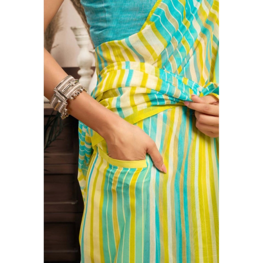 Generic Women's Linen Cotton Printed Ready To Wear With Pocket Saree With Unstitched Blouse 5.5 Mtr (Light_Aqua_Blue)