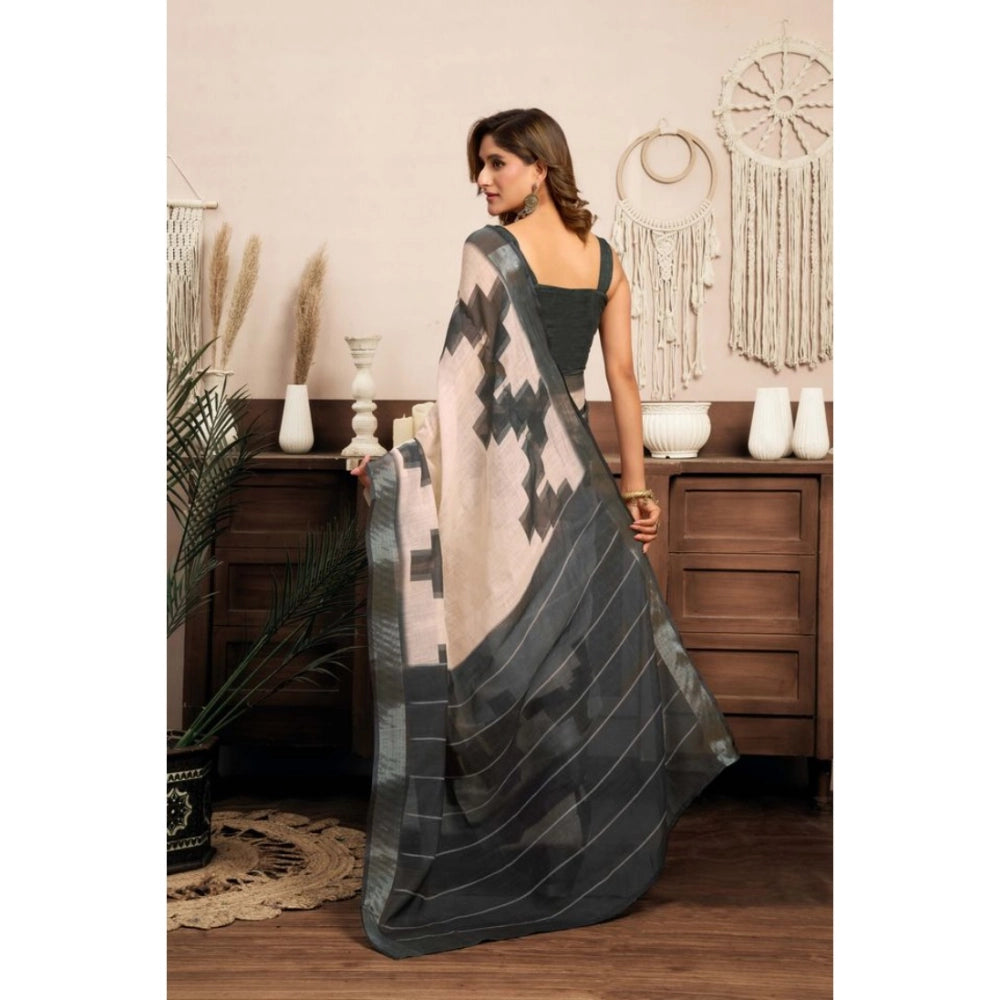 Generic Women's Linen Cotton Printed Ready To Wear With Pocket Saree With Unstitched Blouse 5.5 Mtr (Light_Beige)