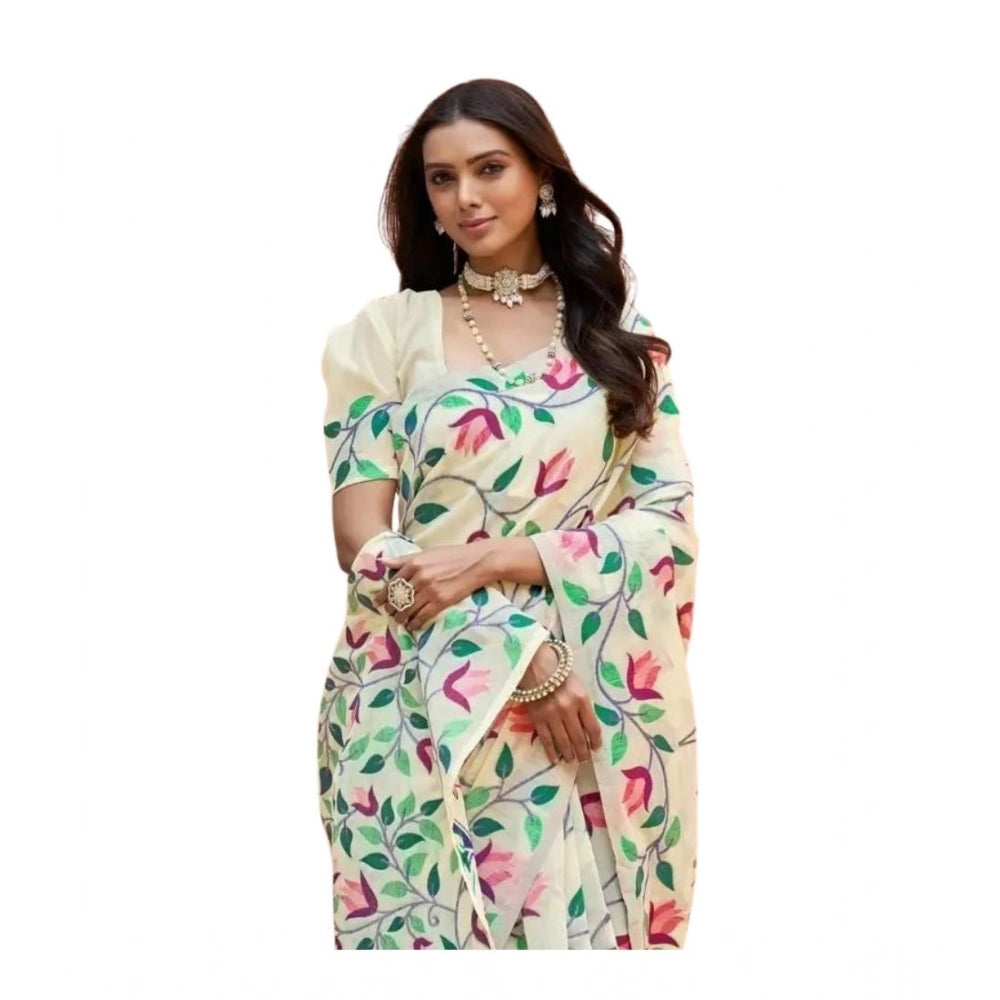 Generic Women's Georgette Printed Saree With Unstitched Blouse 5.5Mtr (Cream)