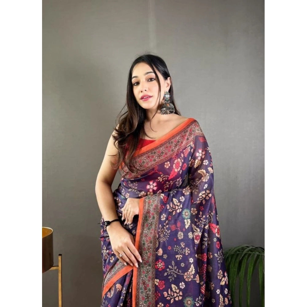 Generic Women's Linen Printed Saree With Unstitched Blouse 5.5Mtr (Blue)