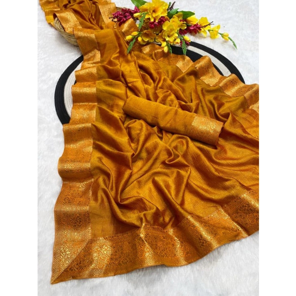 Generic Women's Vichitra Silk Printed Saree With Unstitched Blouse 5.5Mtr (Mustard)