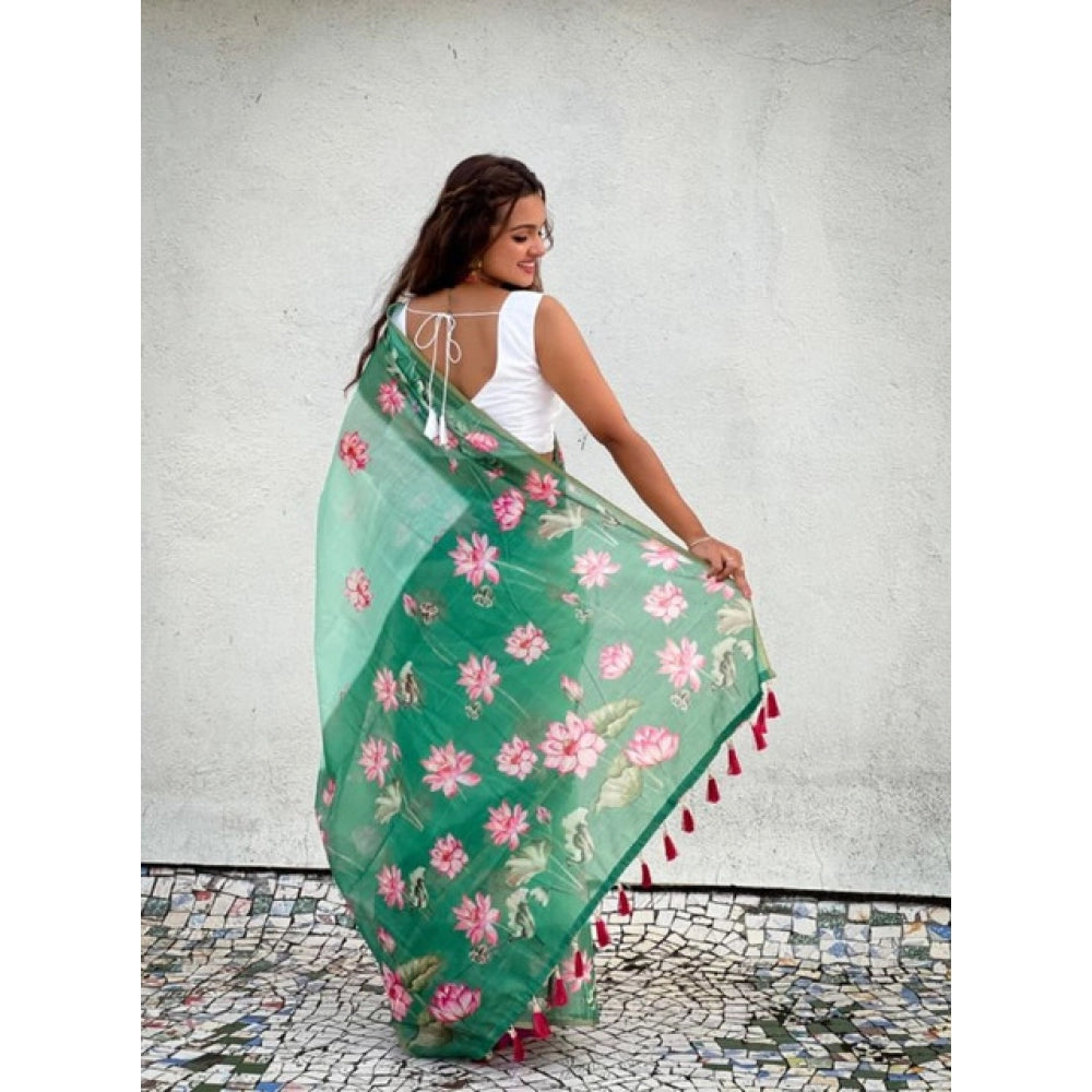 Generic Women's Linen Printed Saree With Unstitched Blouse 5.5Mtr (Green)
