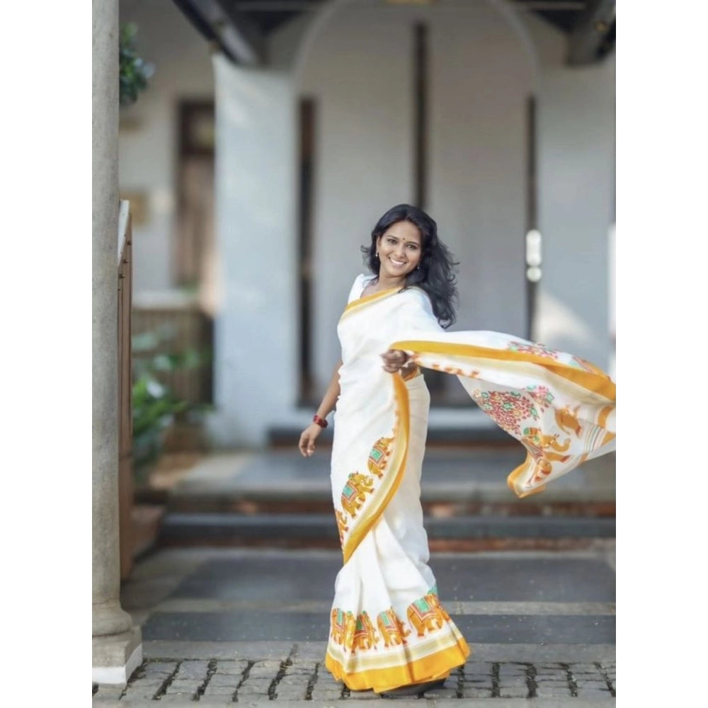 Generic Women's Linen Printed Saree With Unstitched Blouse 5.5Mtr (White)
