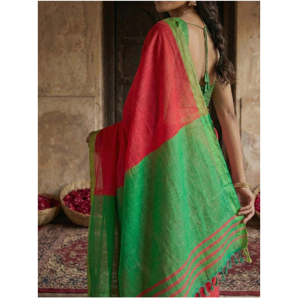 Generic Women's Cotton Printed Saree With Unstitched Blouse 5.5Mtr (Red)