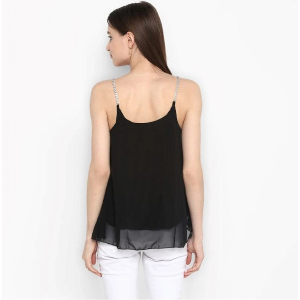 Generic Women's Polyester Embellished Shoulder Straps Top (Black)