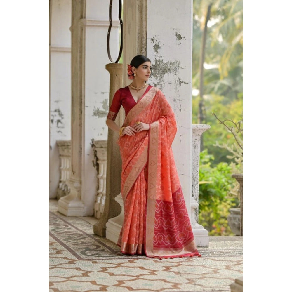 Generic Women's Silk_Blend Ethnic Ikat Pattern Saree With Unstitched Blouse 5.5Mtr (Orange)