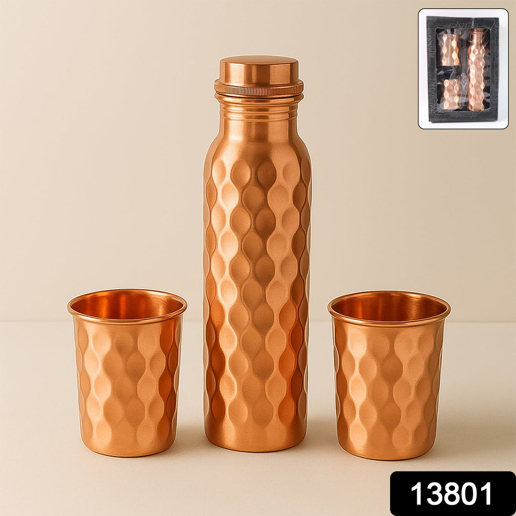 Copper Water Bottle 2 Glasses with Gift Box (3 Pcs Set)